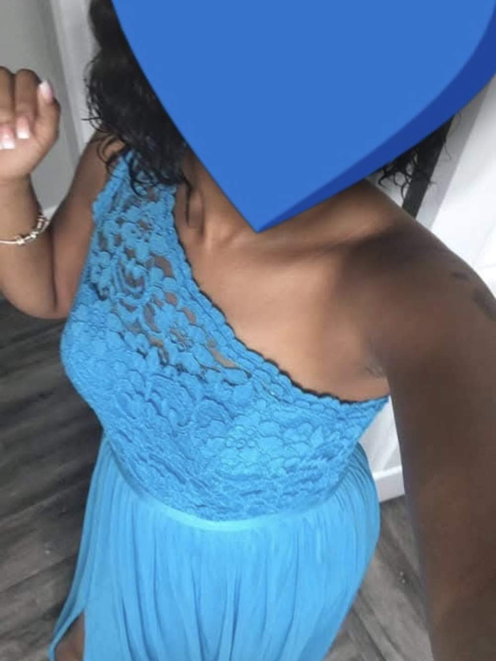 David's Bridal One-Shoulder Lace Bodice Maxi Dress in Bright Blue